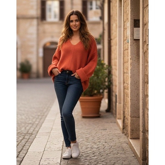 Free People Sweaters - Free People La Brea Size Large‎ Oversized Pullover V-Neck Sweater Coral Orange